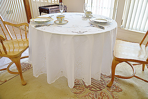 Imperial fine embroidery 88" x 88" round tablecloth. White.
